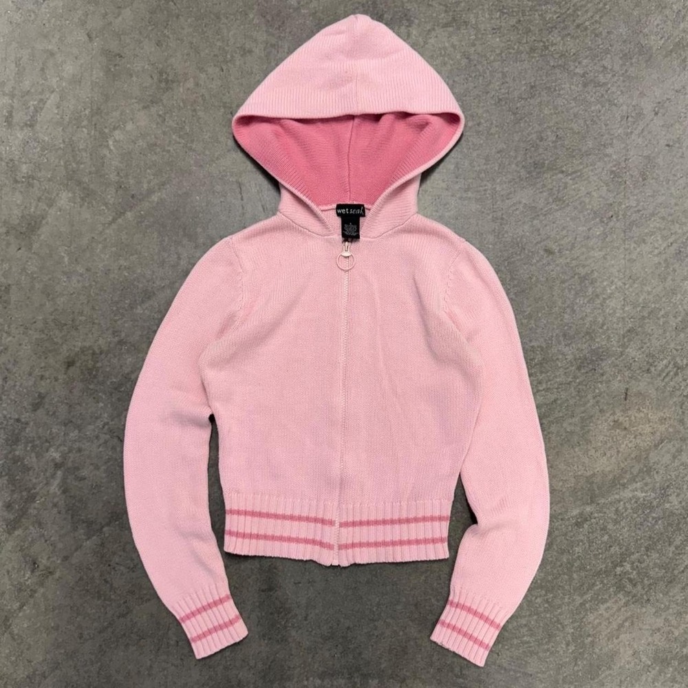 Wet Seal Pink Zip Up Hoodie with Ribbed Knit and Horizontal Stripes Hem Cuffs